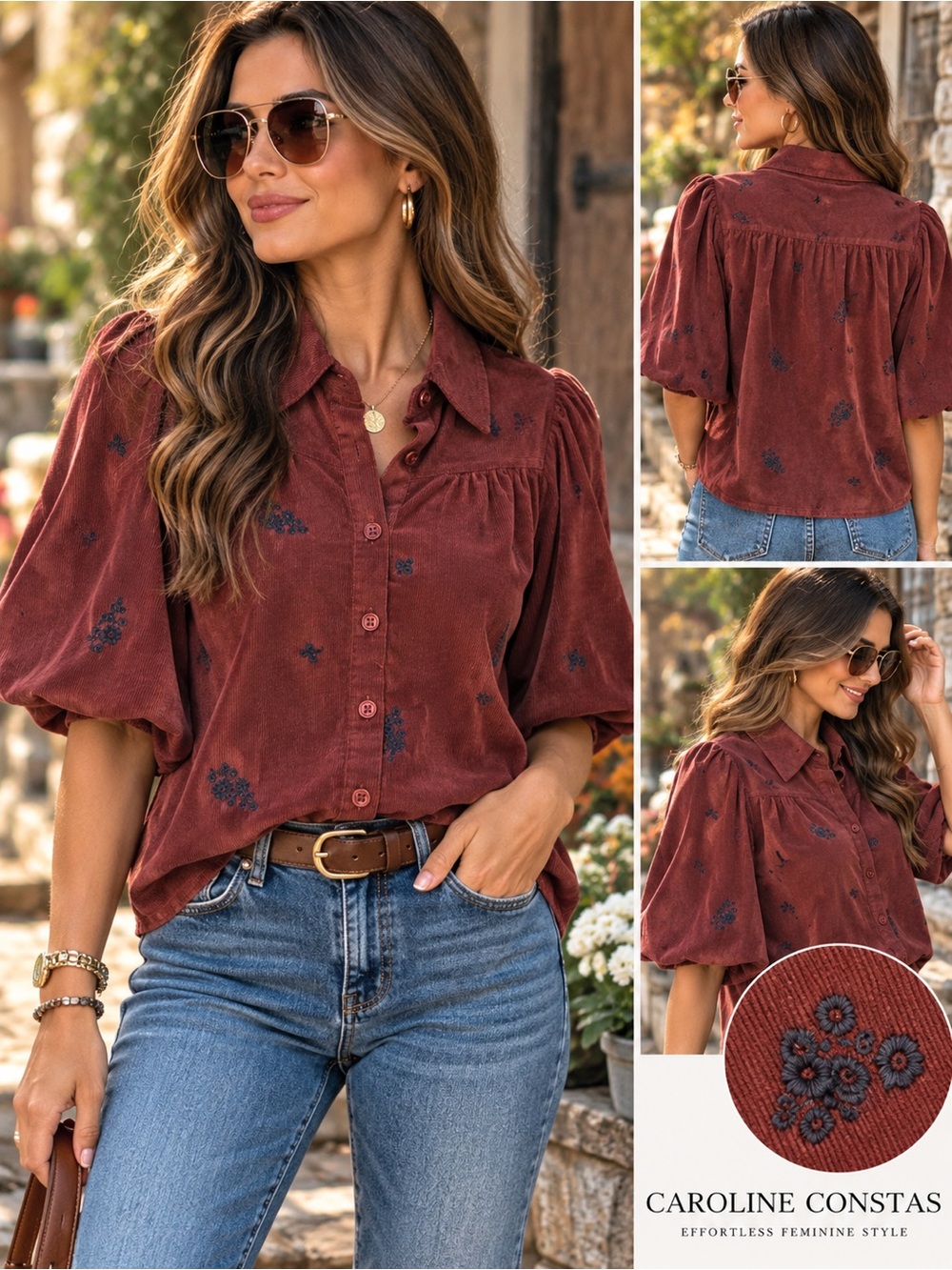 Caroline Constas Burgundy Floral Corduroy Puff Sleeve Blouse NWT M